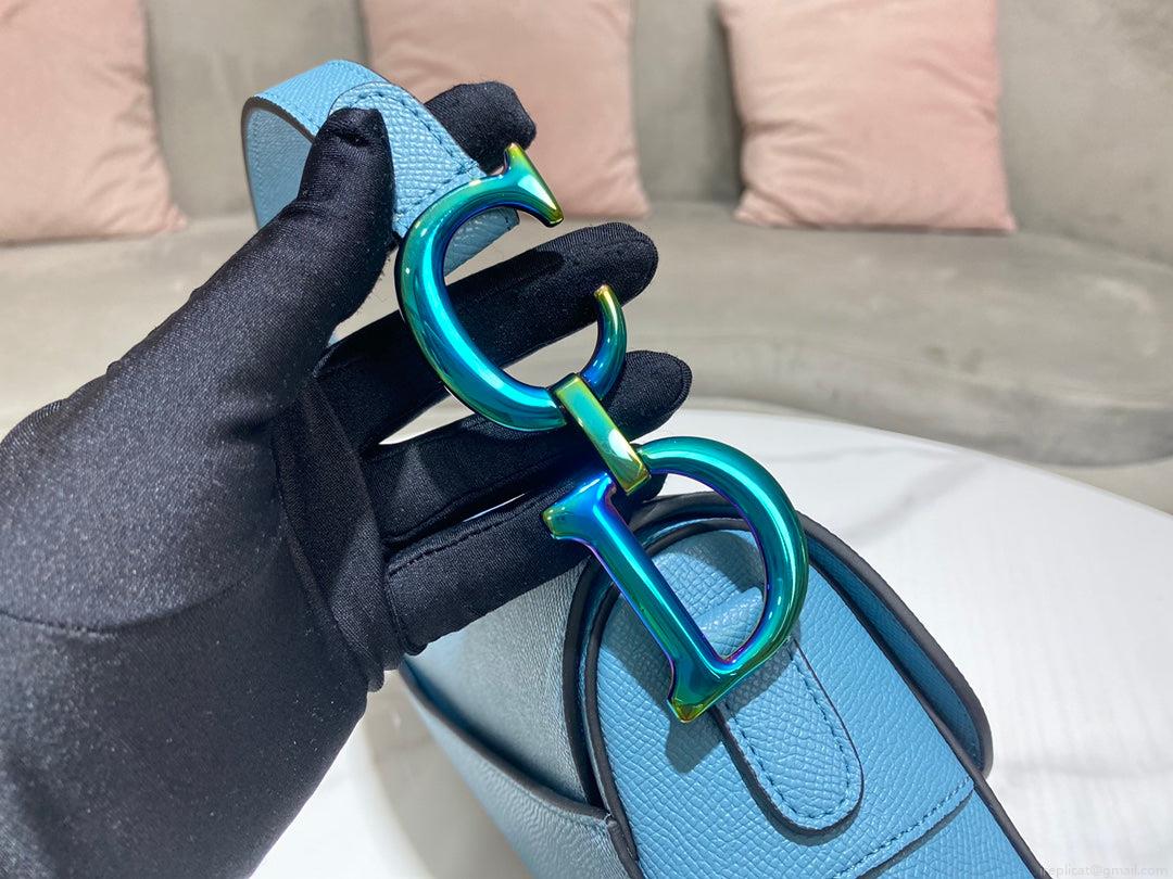 Dior M0446 Dior Saddle Bag Light Blue Grained Calfskin Blue logo