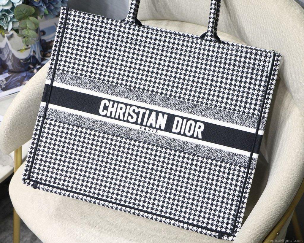 Dior Book Tote M1286 Black and White Houndstooth Embroidery