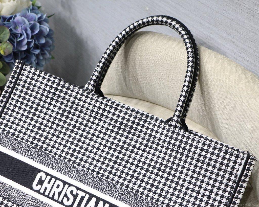 Dior Book Tote M1286 Black and White Houndstooth Embroidery