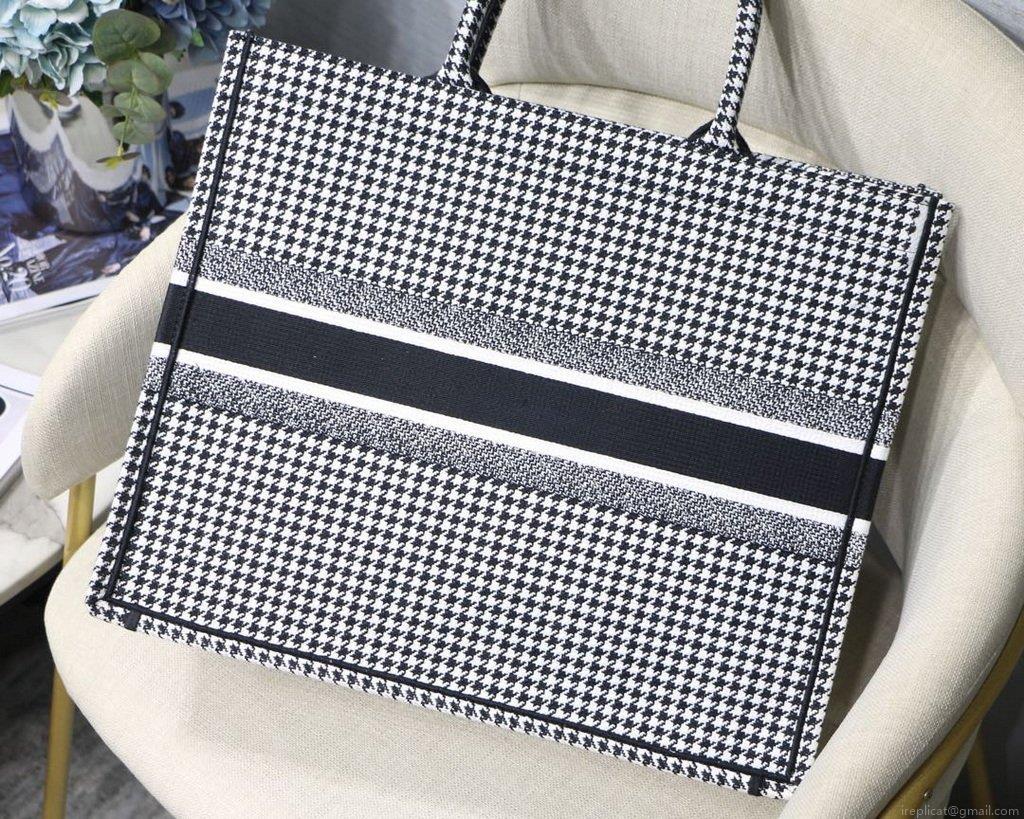 Dior Book Tote M1286 Black and White Houndstooth Embroidery