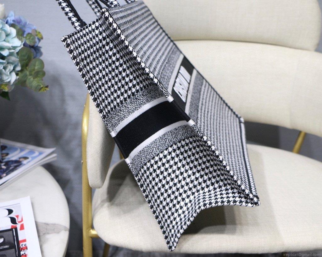 Dior Book Tote M1286 Black and White Houndstooth Embroidery