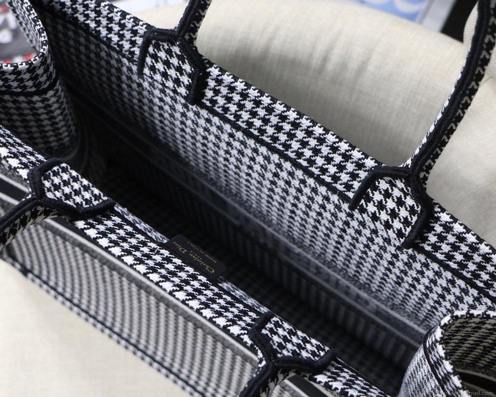 Dior Book Tote M1286 Black and White Houndstooth Embroidery