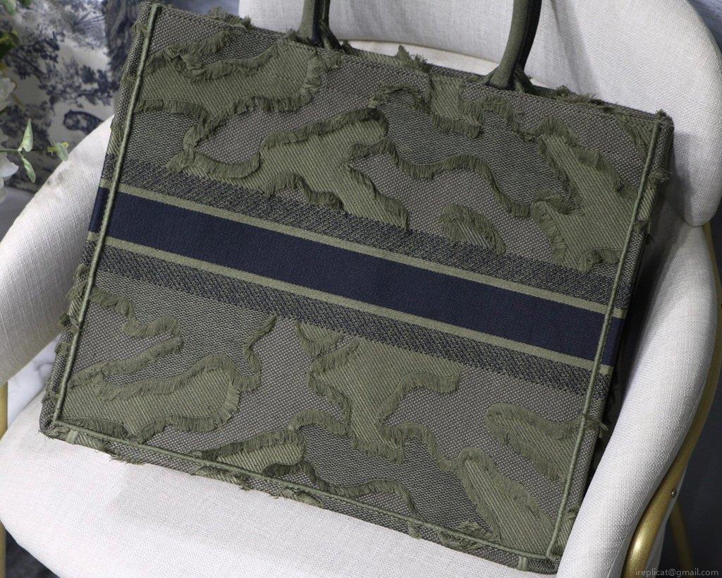 Dior Book Tote M1286 Green Camouflage Embroidery Shopping Bag
