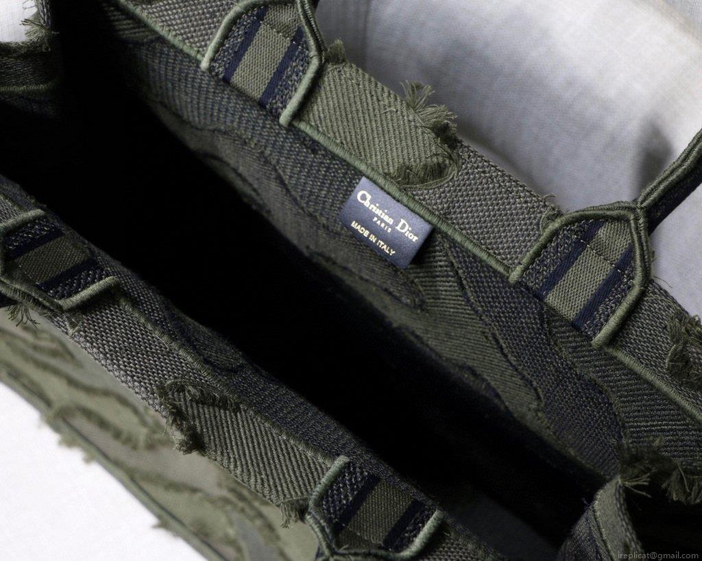 Dior Book Tote M1286 Green Camouflage Embroidery Shopping Bag