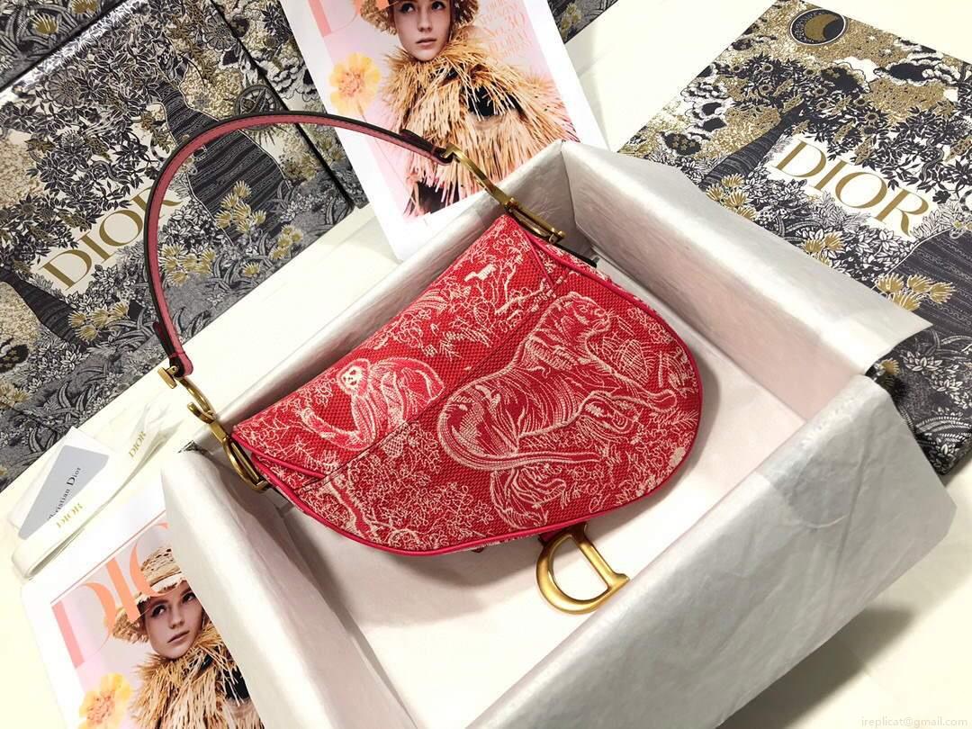 Dior M0446 Dior Saddle Bag Red Toile de Jouy Reverse Jacquard