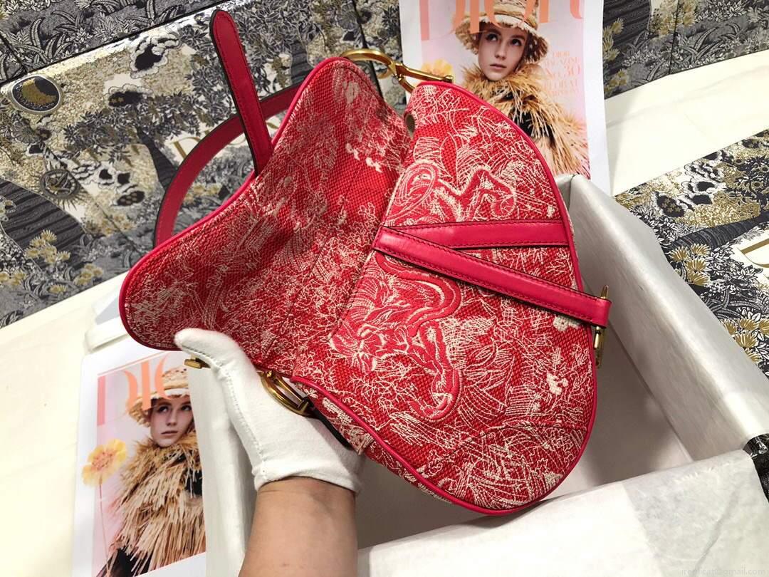 Dior M0446 Dior Saddle Bag Red Toile de Jouy Reverse Jacquard