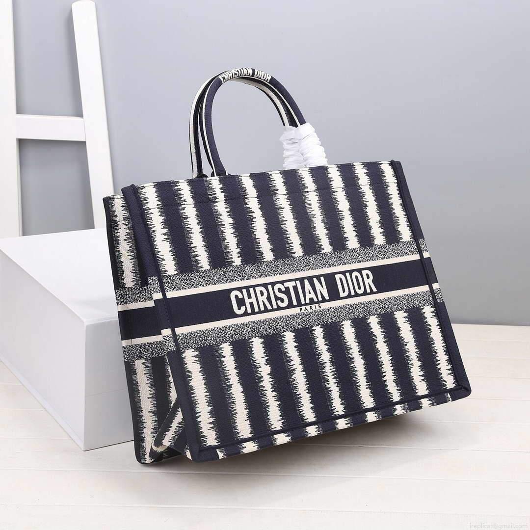Dior M1286 Dior Book Tote Blue D-Stripes Embroidery