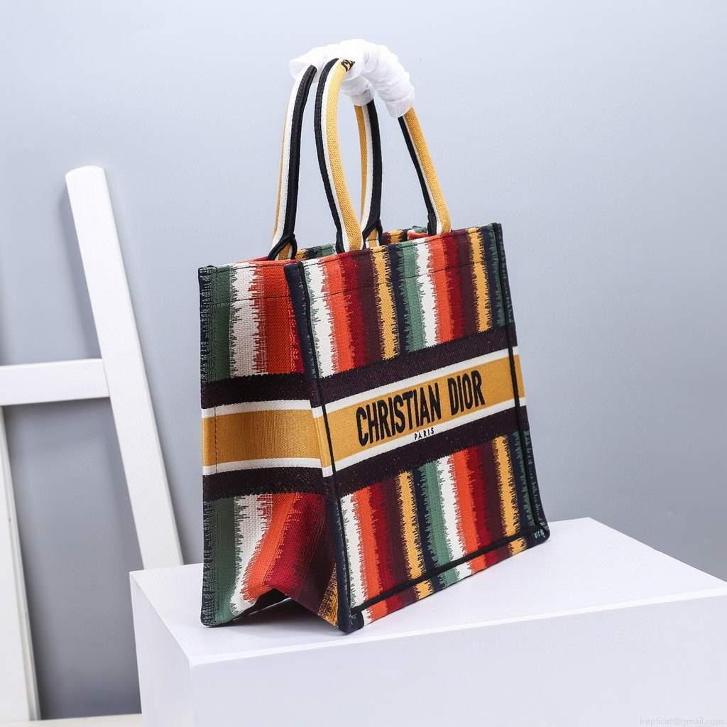 Dior M1286 Dior Book Tote Red Multicolor D-Stripes Embroidery
