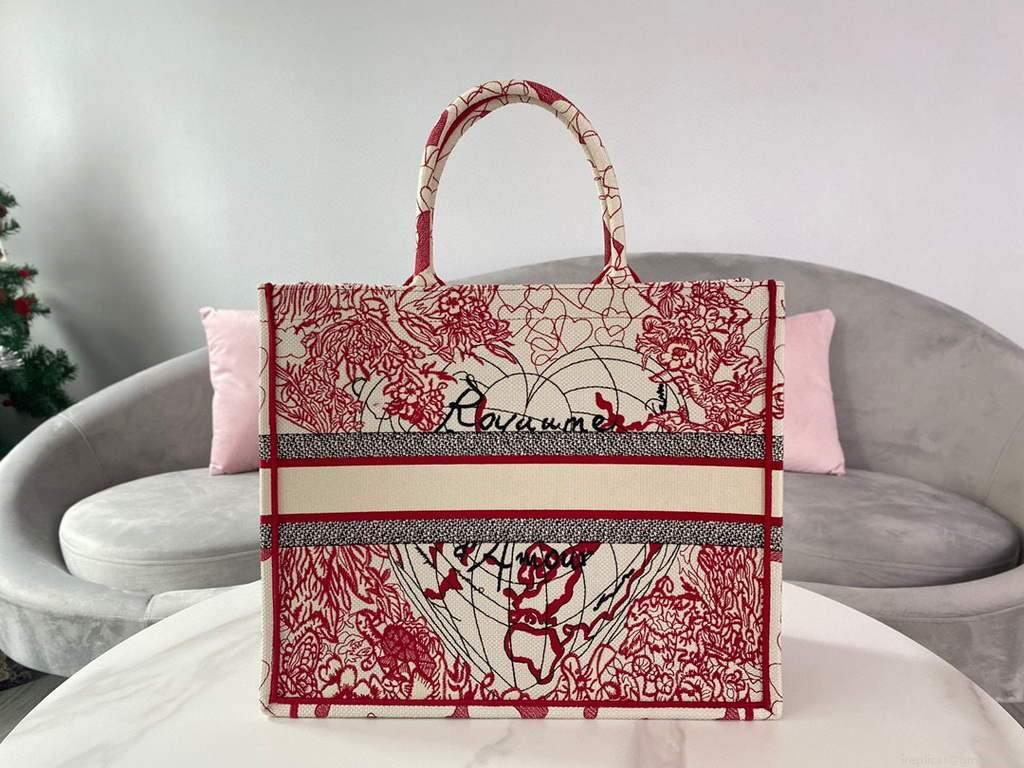 Dior M1286 DIORAMOUR DIOR BOOK TOTE Red and White D-Royaume d’Amour Embroidery