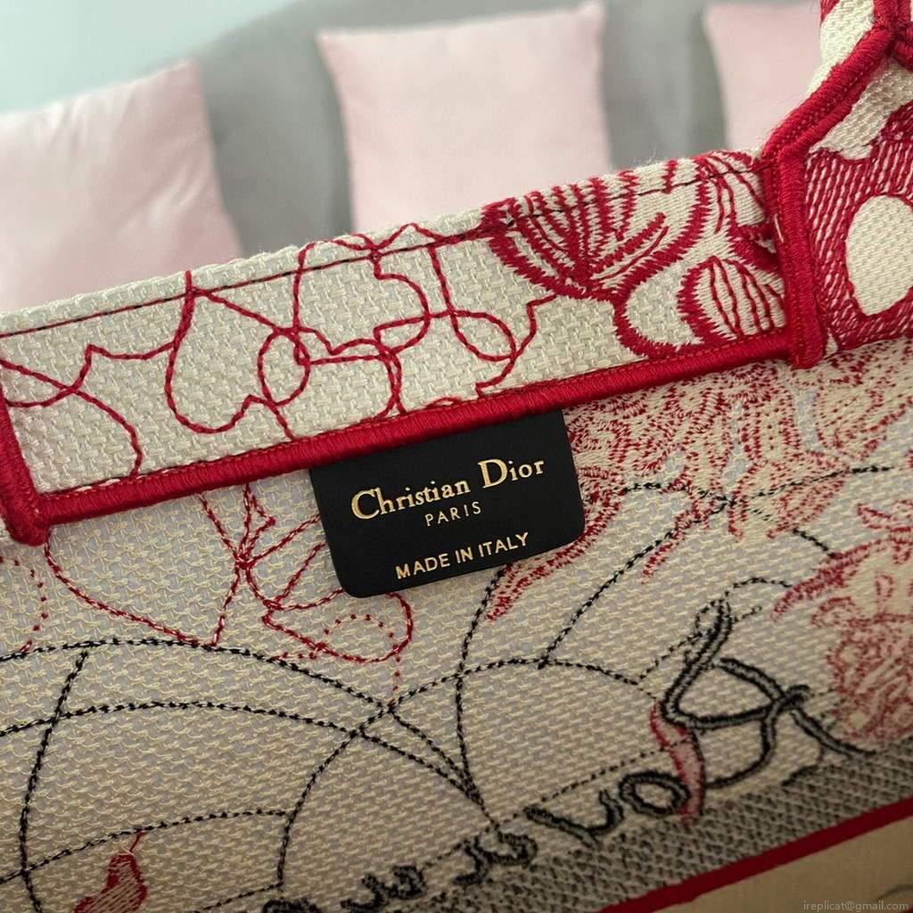 Dior M1286 DIORAMOUR DIOR BOOK TOTE Red and White D-Royaume d’Amour Embroidery