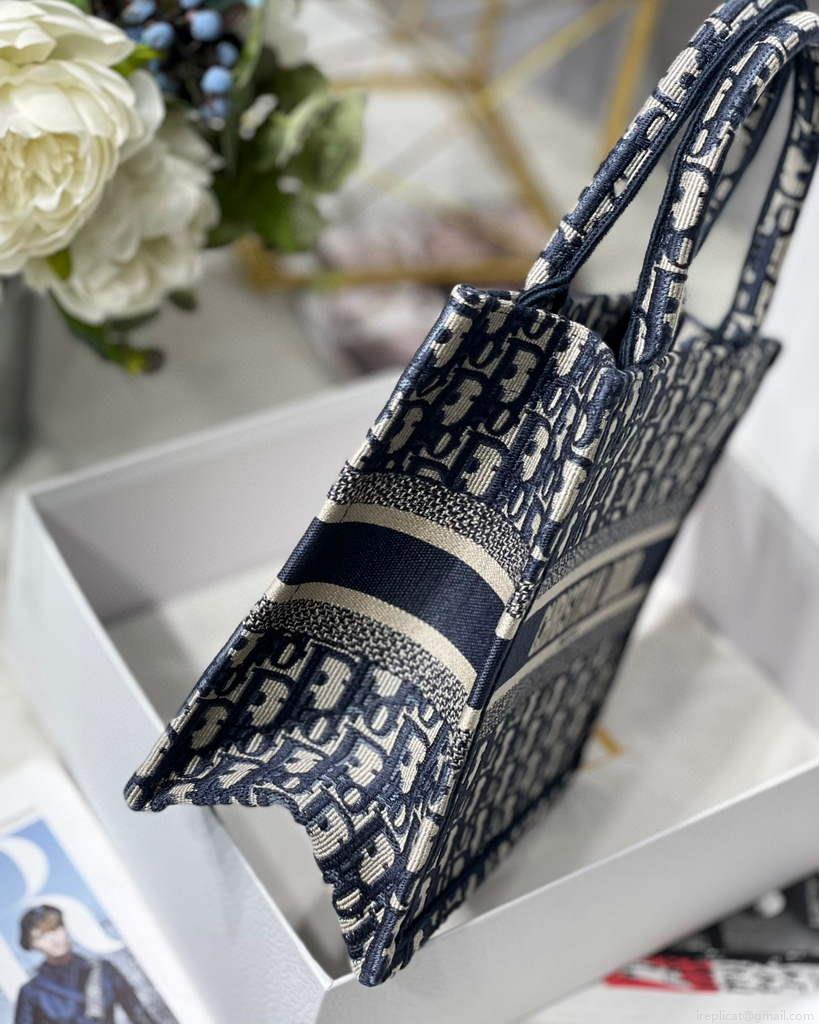 Dior Book Tote M1265 Small Dior Oblique Embroidery Blue