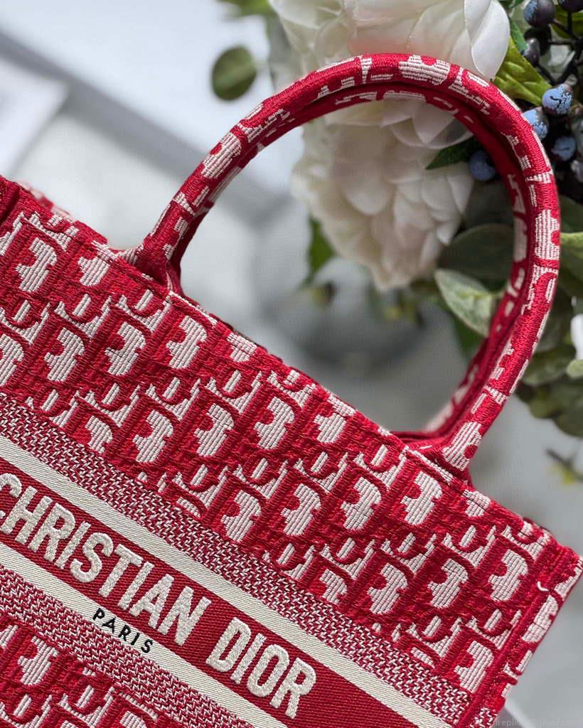 Dior Book Tote M1265 Small Dior Oblique Embroidery Red
