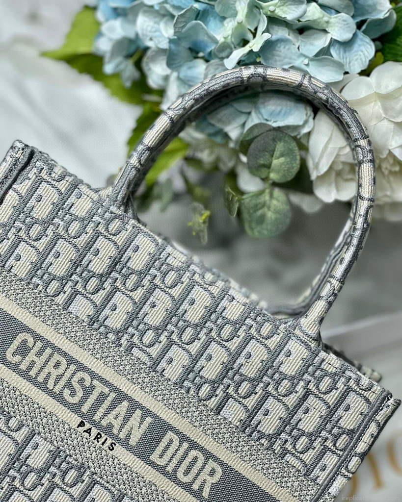 Dior Book Tote M1265 Small Dior Oblique Embroidery Gray