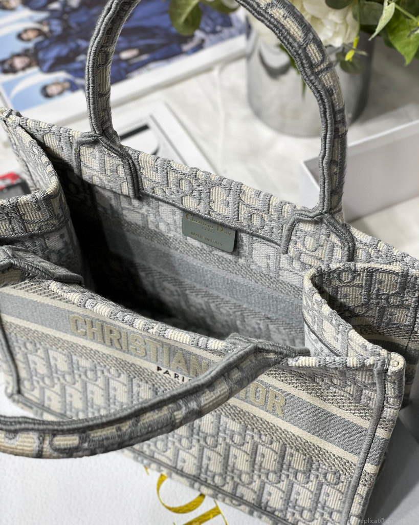 Dior Book Tote M1265 Small Dior Oblique Embroidery Gray