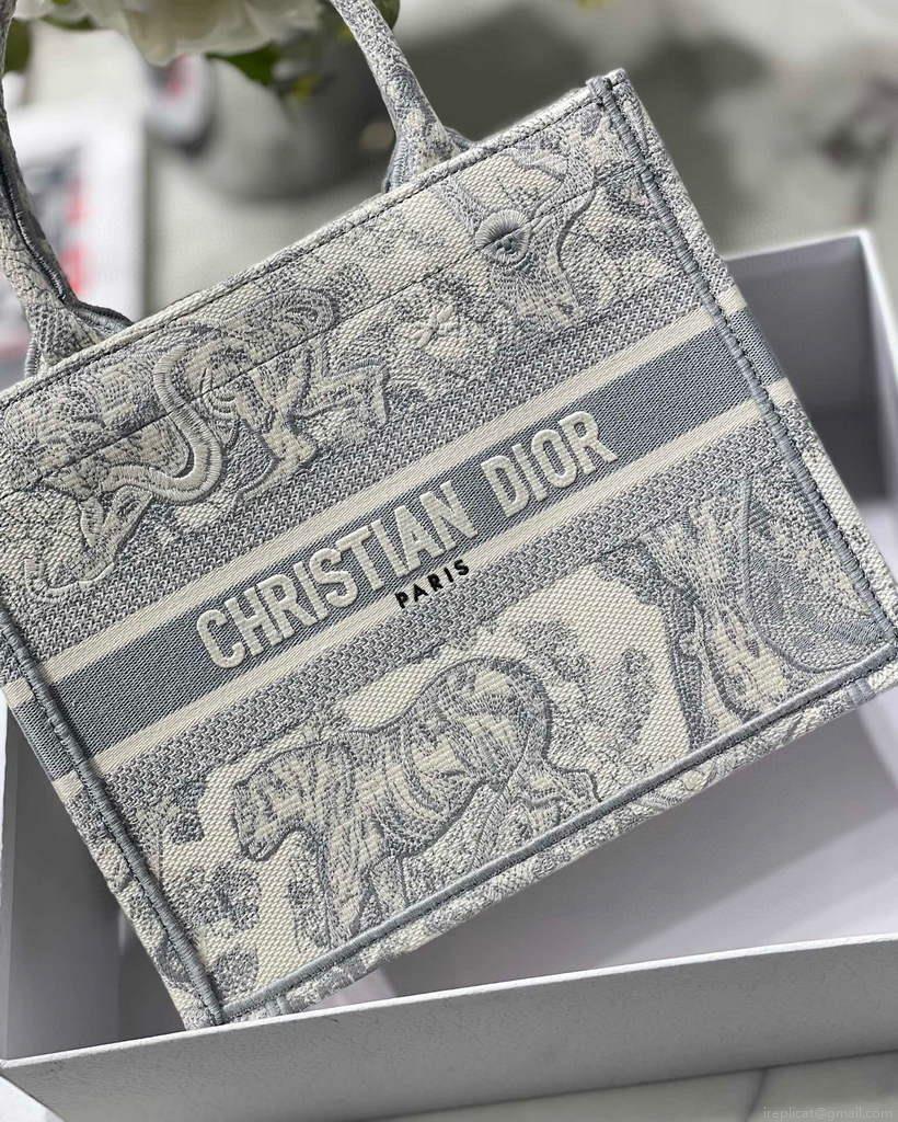 Dior Book Tote M1265 Small Dior Toile De Jouy Reverse Embroidery Gray