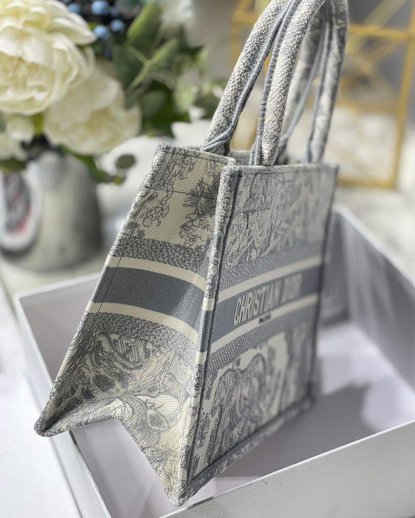 Dior Book Tote M1265 Small Dior Toile De Jouy Reverse Embroidery Gray