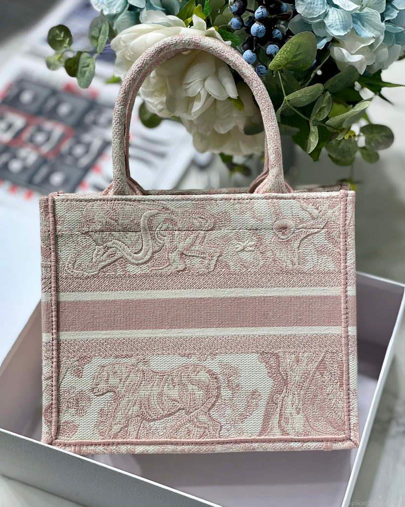Dior Book Tote M1265 Small Dior Toile De Jouy Reverse Embroidery Pink