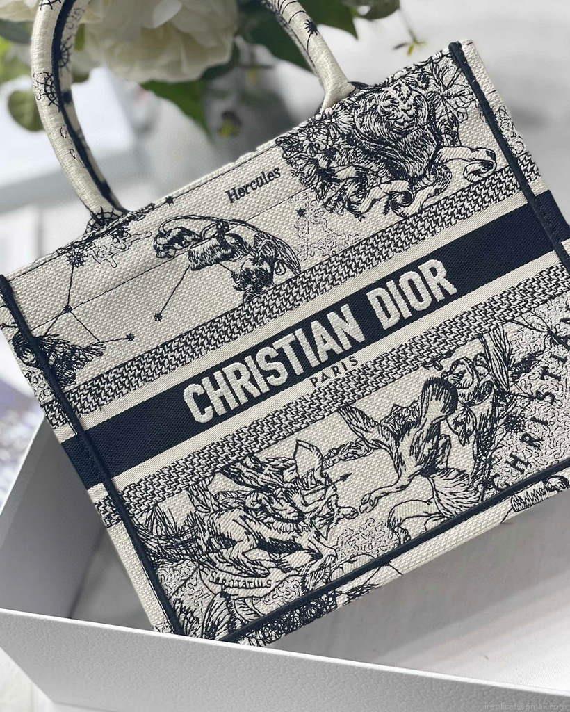 Dior Book Tote M1265 Small Latte Toile De Jouy Zodiac Embroidery Beige