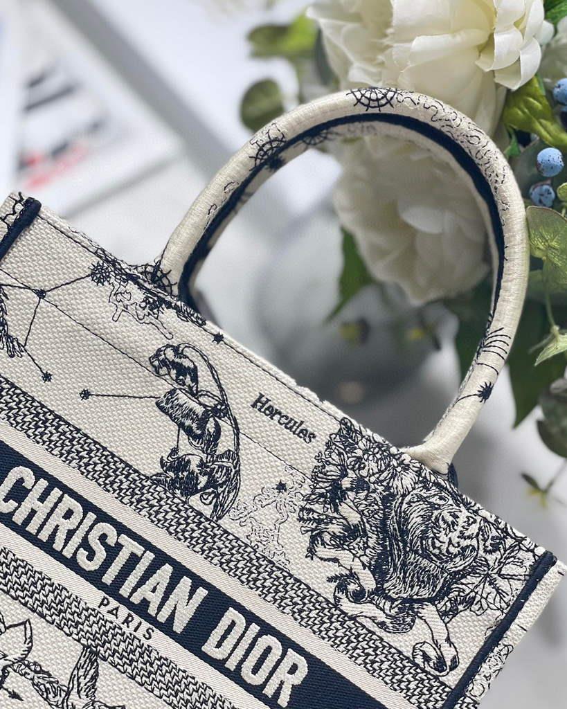 Dior Book Tote M1265 Small Latte Toile De Jouy Zodiac Embroidery Beige