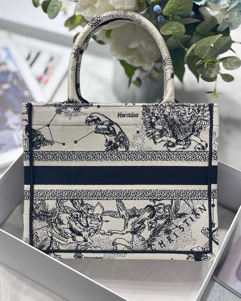 Dior Book Tote M1265 Small Latte Toile De Jouy Zodiac Embroidery Beige
