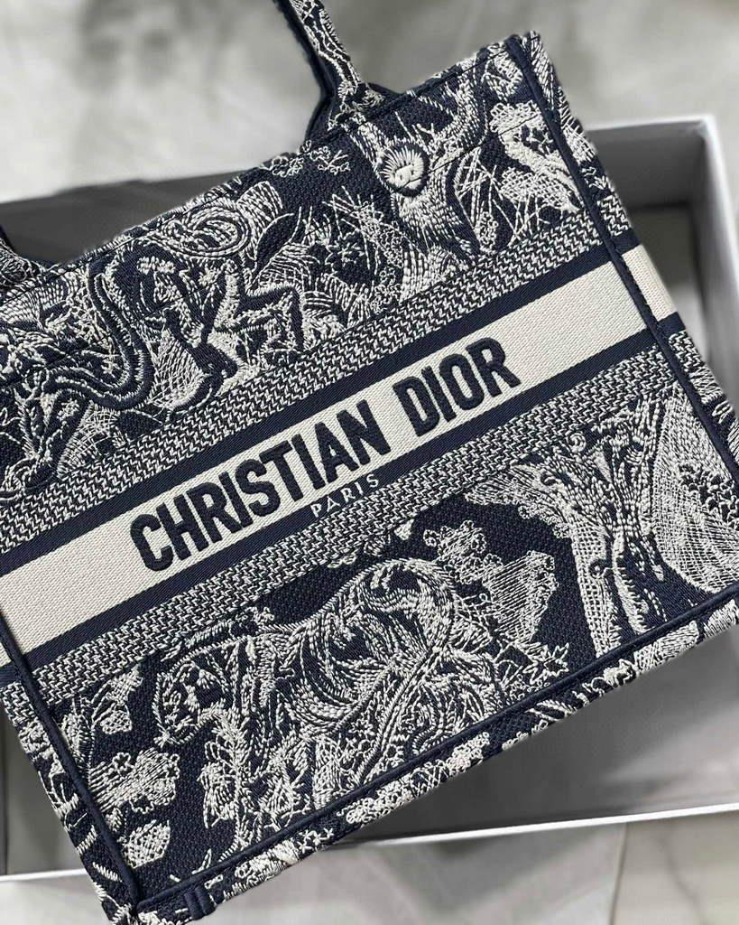 Dior Book Tote M1265 Small Toile De Jouy Embroidery Blue