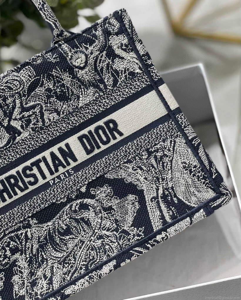 Dior Book Tote M1265 Small Toile De Jouy Embroidery Blue