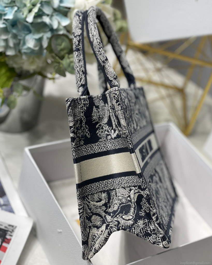 Dior Book Tote M1265 Small Toile De Jouy Embroidery Blue