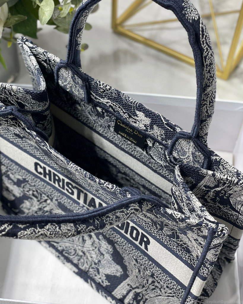 Dior Book Tote M1265 Small Toile De Jouy Embroidery Blue