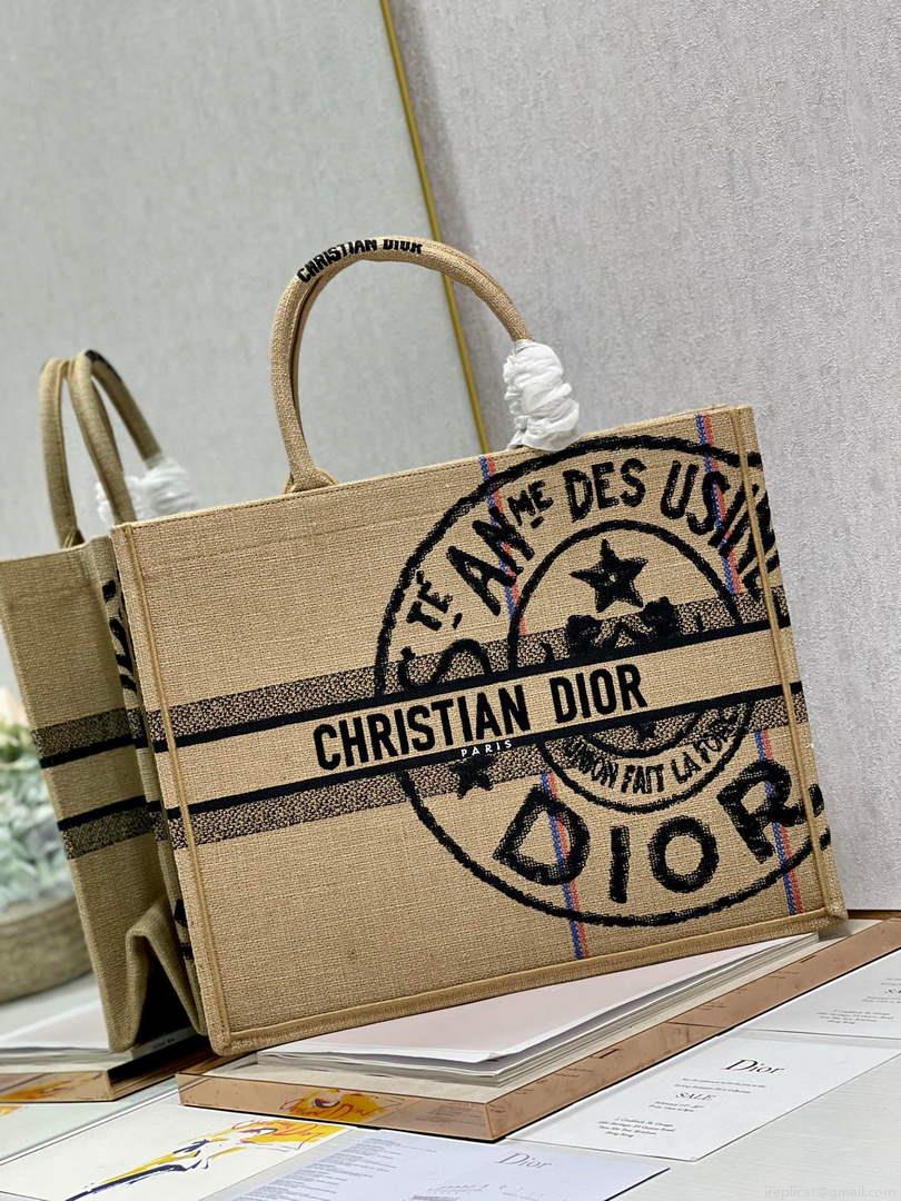 Dior M1286 Large Book Tote Beige jute fabric with Union motif embroidery