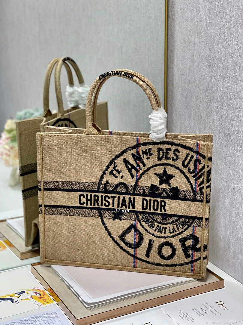 Dior M1286 Large Book Tote Beige jute fabric with Union motif embroidery