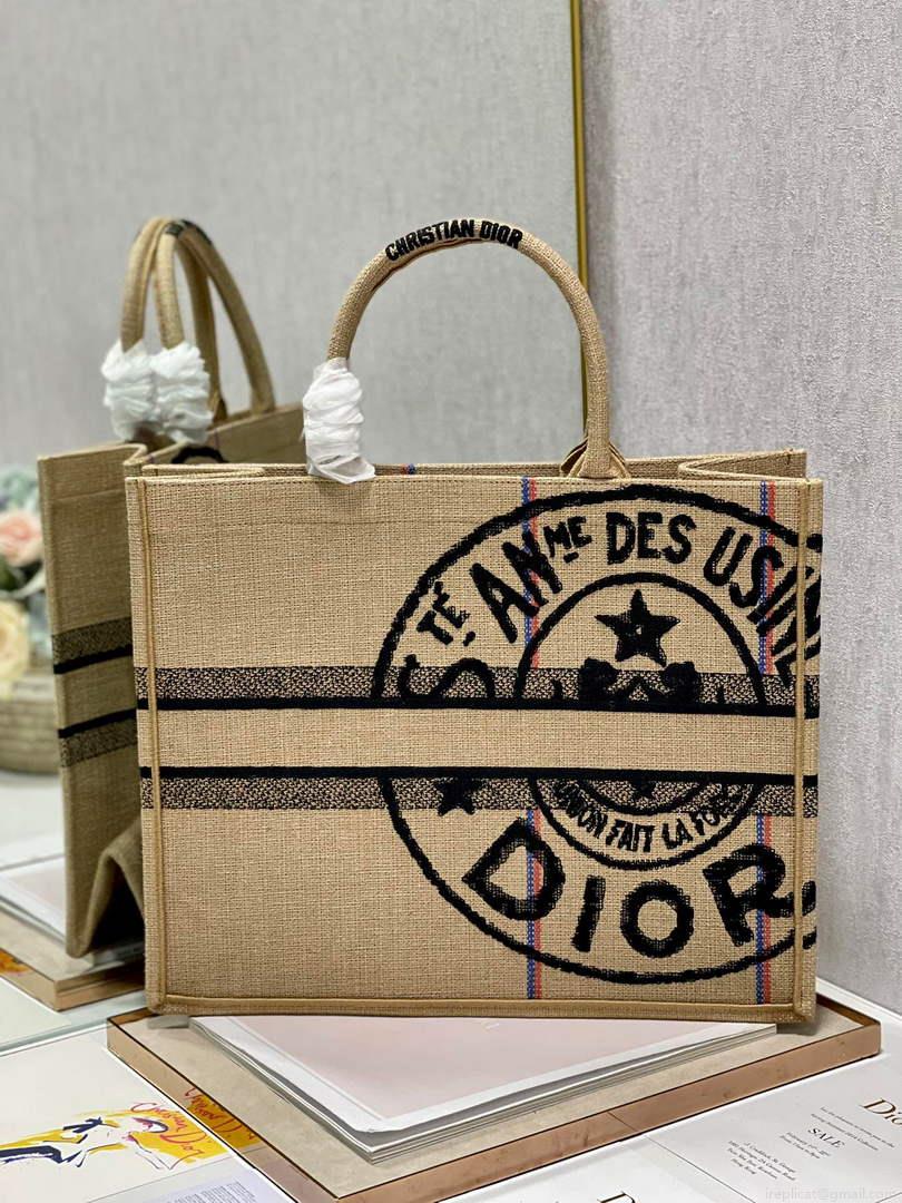 Dior M1286 Large Book Tote Beige jute fabric with Union motif embroidery