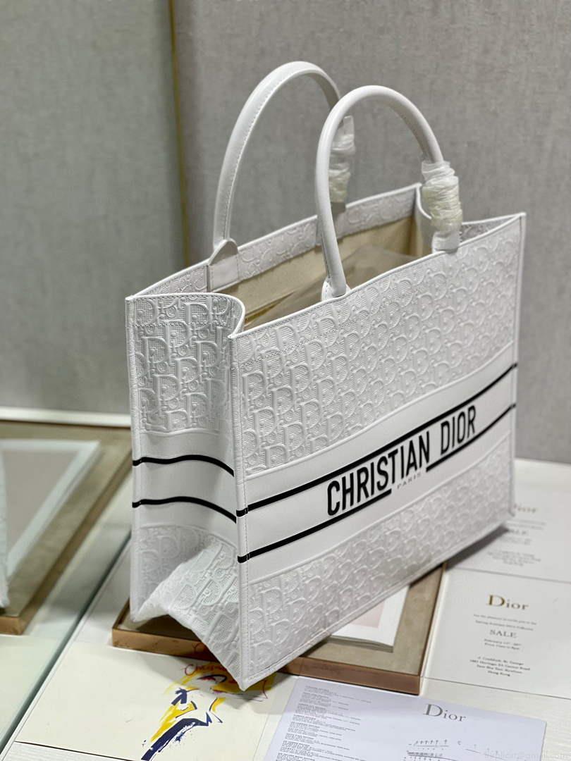 Dior M1286 Large Book Tote White Perforated and Embossed Oblique Calfskin