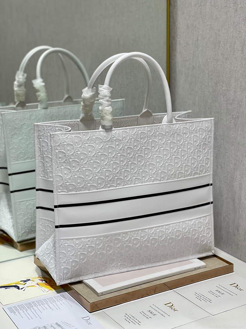Dior M1286 Large Book Tote White Perforated and Embossed Oblique Calfskin