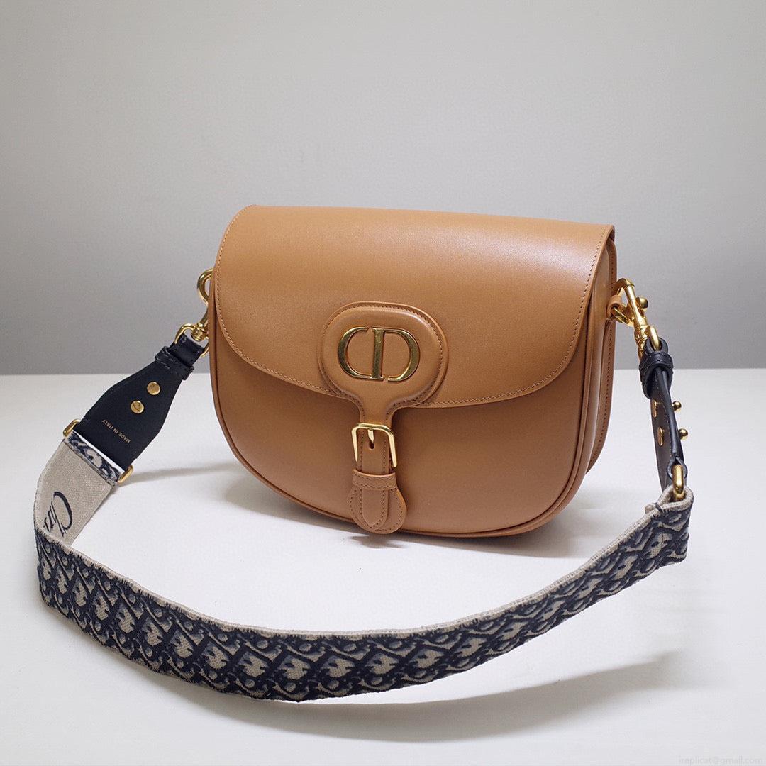 Dior M9320 Large Bobby Bag Tan Box Calfskin with Blue Oblique Strap