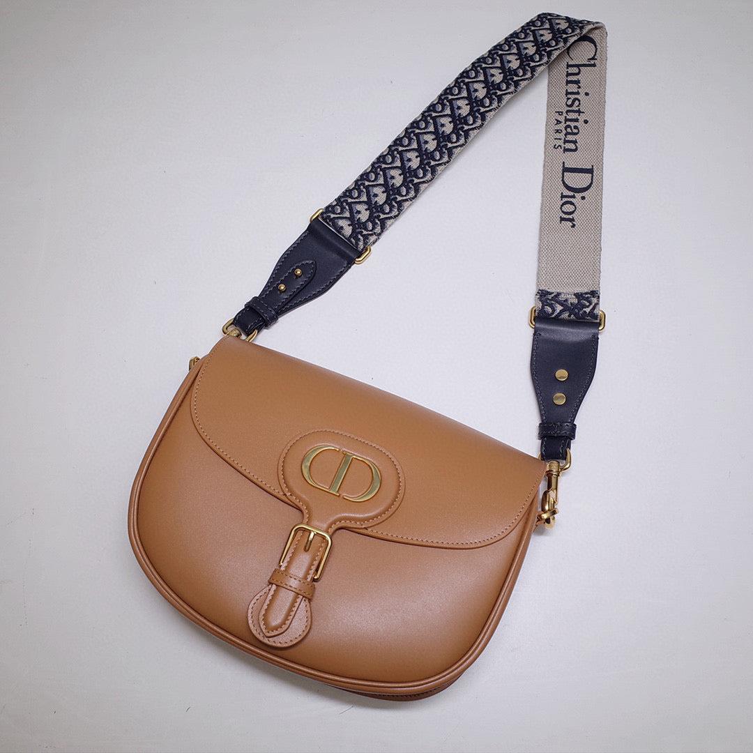 Dior M9320 Large Bobby Bag Tan Box Calfskin with Blue Oblique Strap
