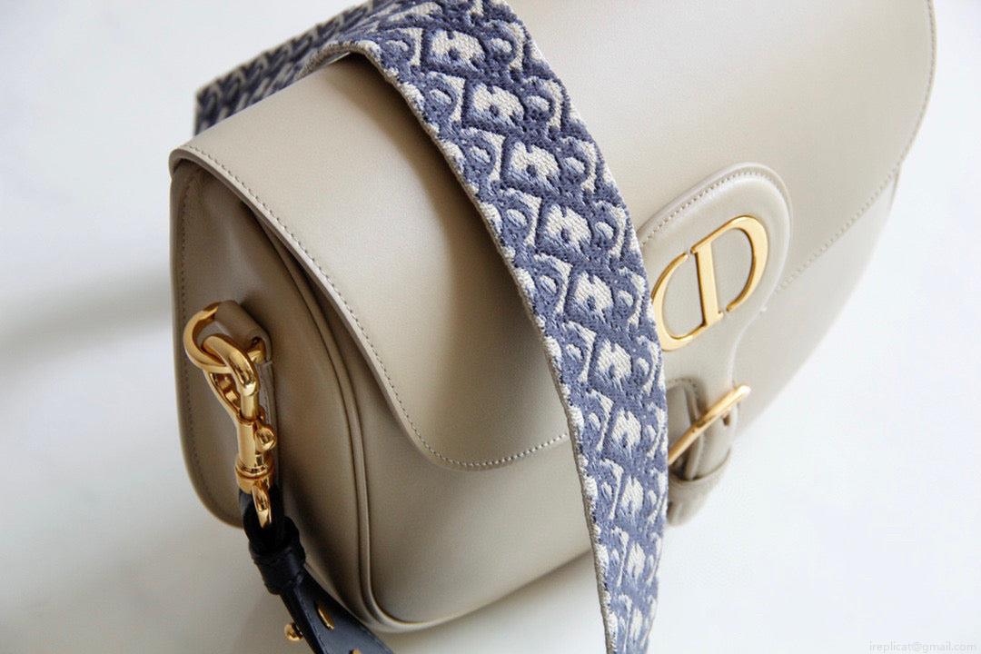 Dior M9320 Large Bobby Bag Beige Box Calfskin with Blue Oblique Strap