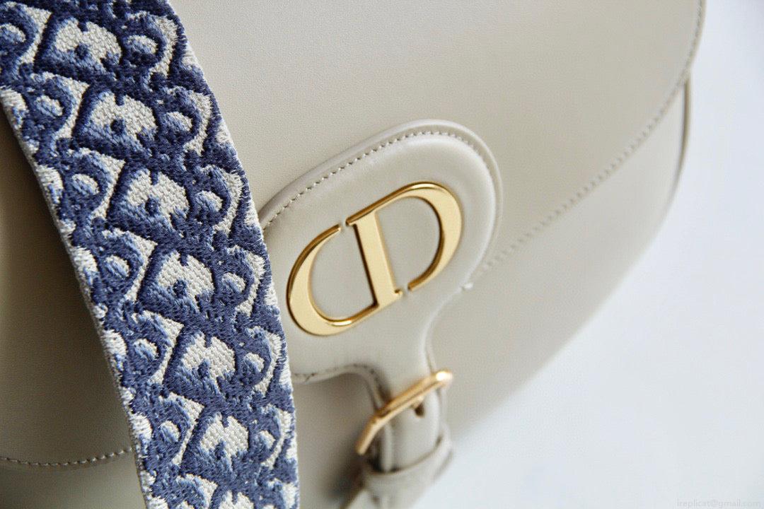 Dior M9320 Large Bobby Bag Beige Box Calfskin with Blue Oblique Strap