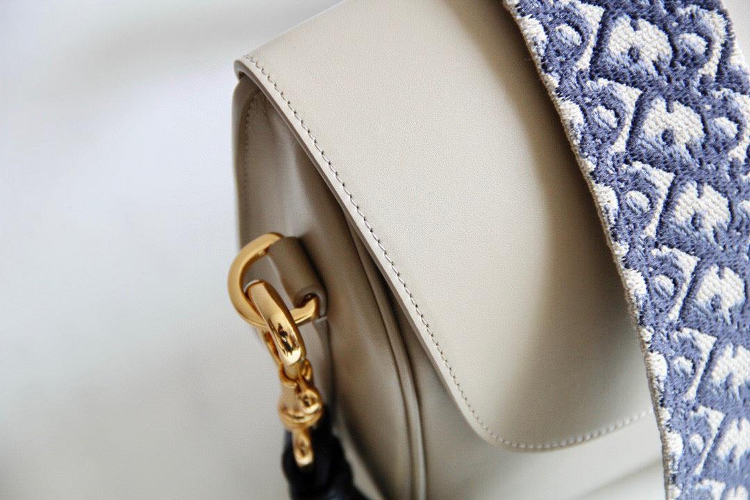 Dior M9320 Large Bobby Bag Beige Box Calfskin with Blue Oblique Strap