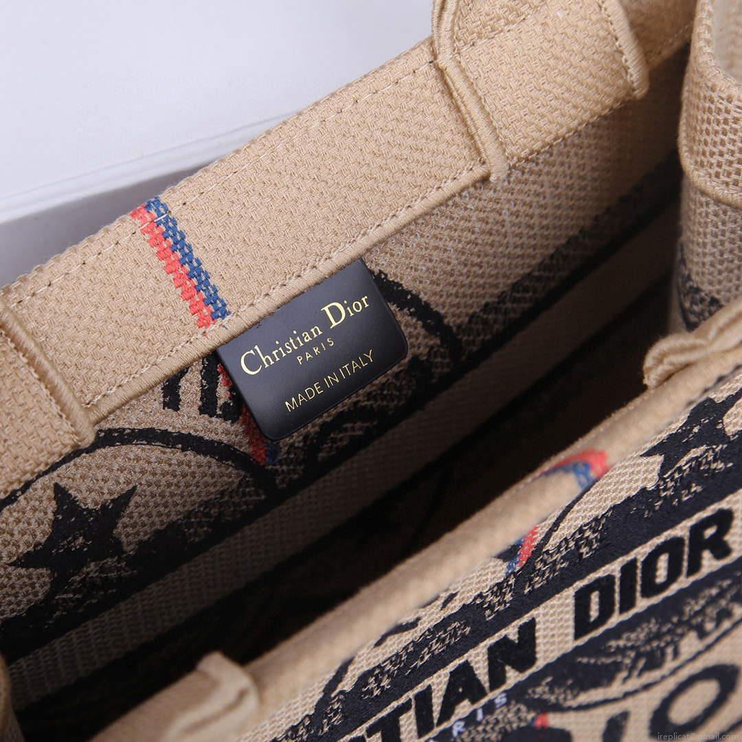 Dior M1265 Small Book Tote Beige jute fabric with Union motif