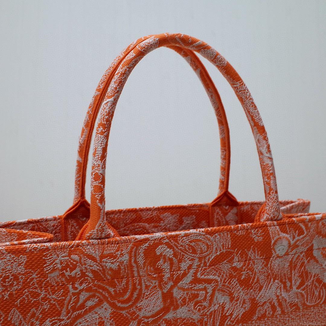 Dior M1296 Book Tote Medium Neon Orange Toile de Jouy Reverse Embroidery