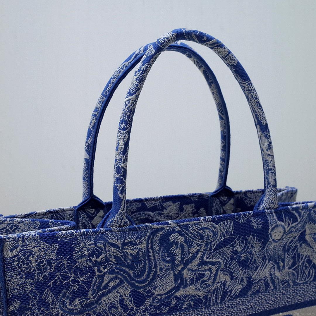 Dior M1296 Book Tote Medium Neon Blue Toile de Jouy Reverse Embroidery