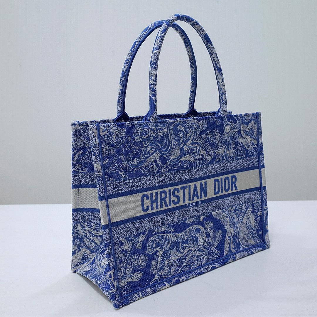 Dior M1296 Book Tote Medium Neon Blue Toile de Jouy Reverse Embroidery