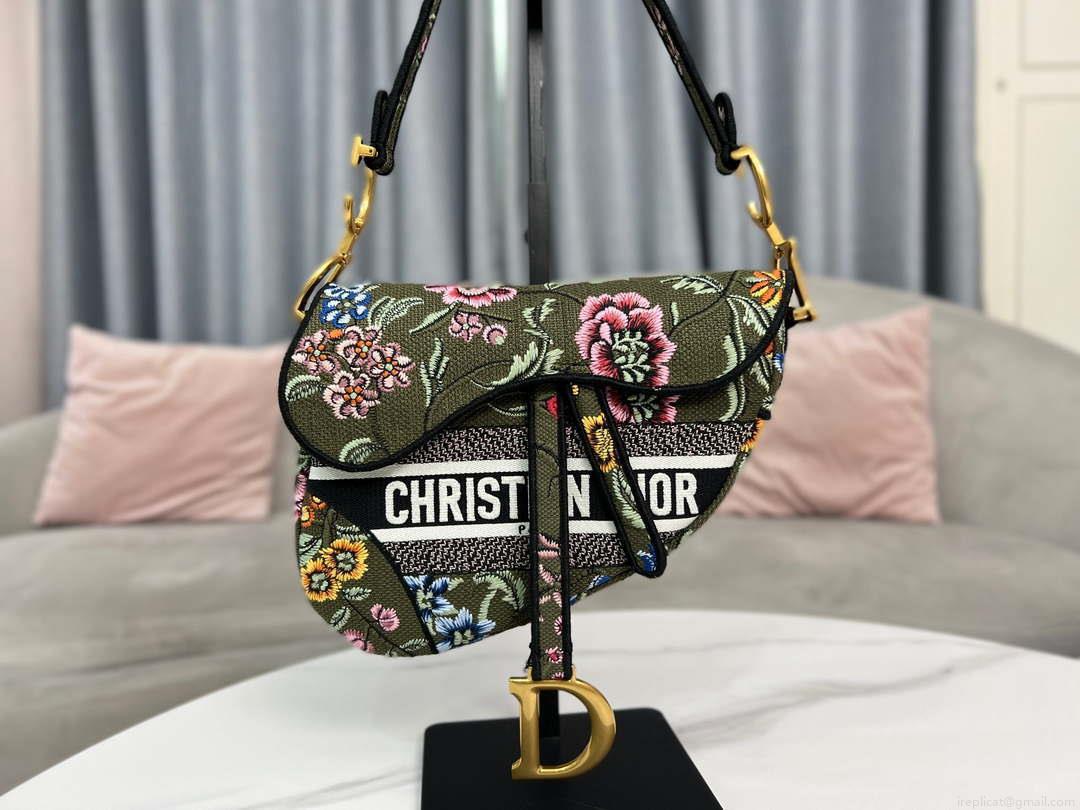 Dior M0455 Saddle Bag With Strap Green Cross-Stitch Embroidery