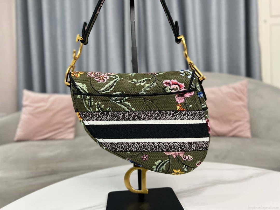 Dior M0455 Saddle Bag With Strap Green Cross-Stitch Embroidery