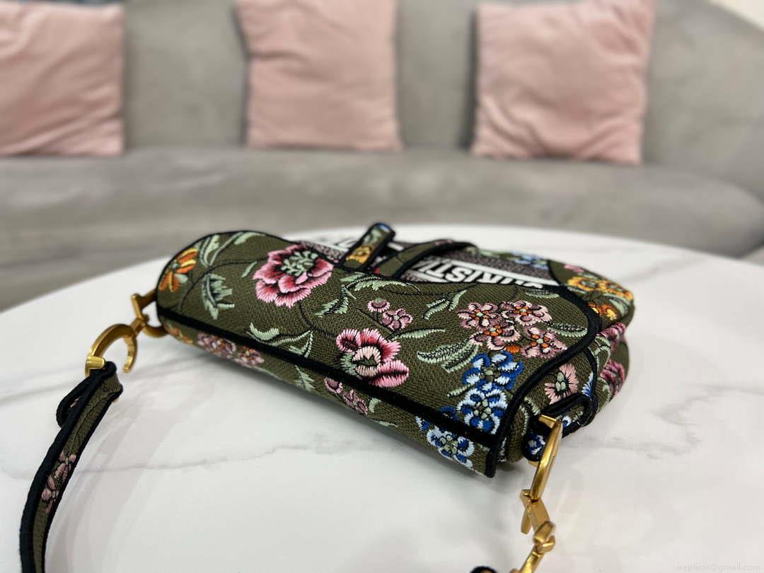 Dior M0455 Saddle Bag With Strap Green Cross-Stitch Embroidery