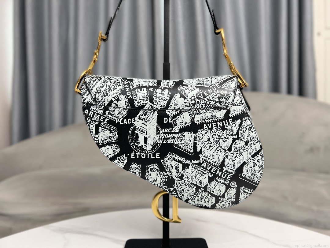 Dior M0455 Saddle Bag With Strap Black and White Ultramatte Calfskin