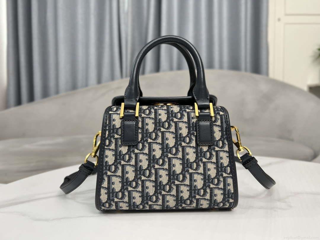 Dior M8671UBEQ_M900 Small Boston bag Navy Blue box Oblique Embroidery and Smooth Calfskin