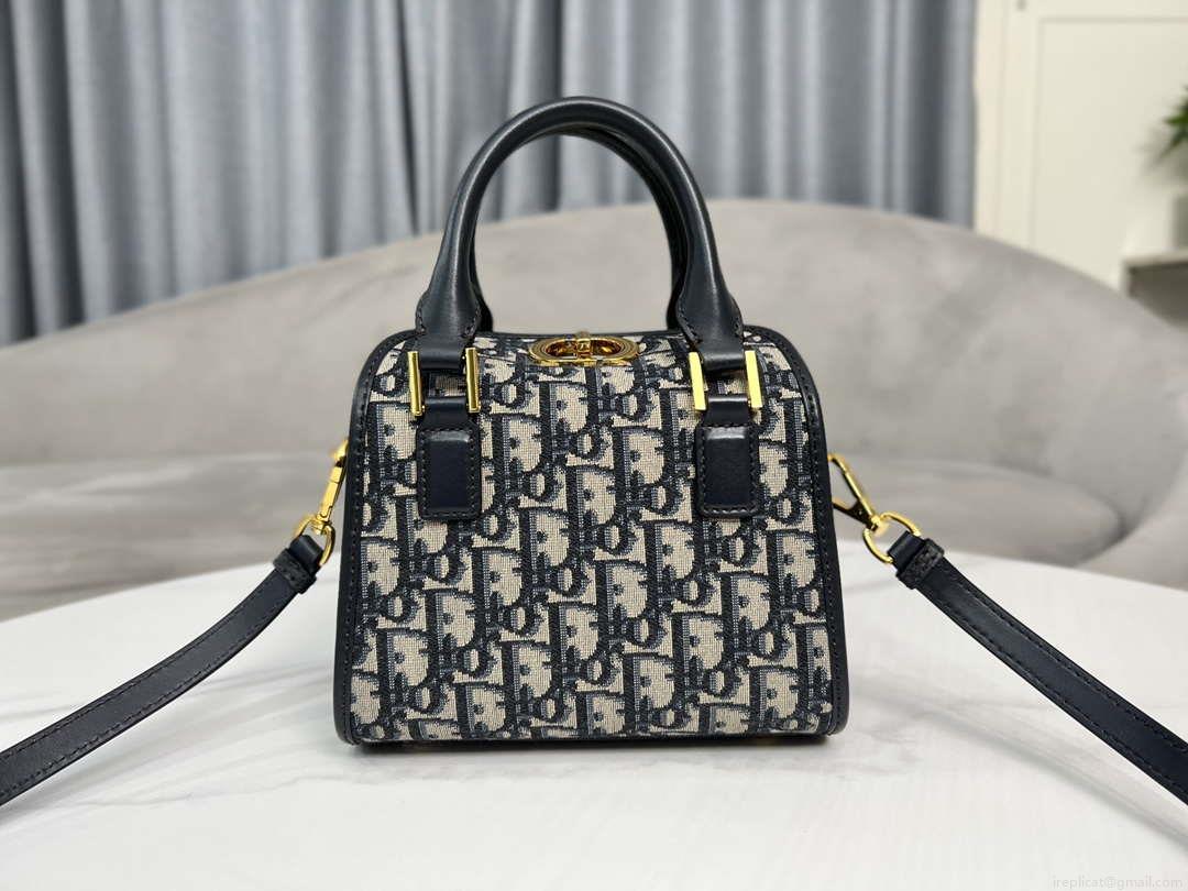 Dior M8671UBEQ_M900 Small Boston bag Navy Blue box Oblique Embroidery and Smooth Calfskin