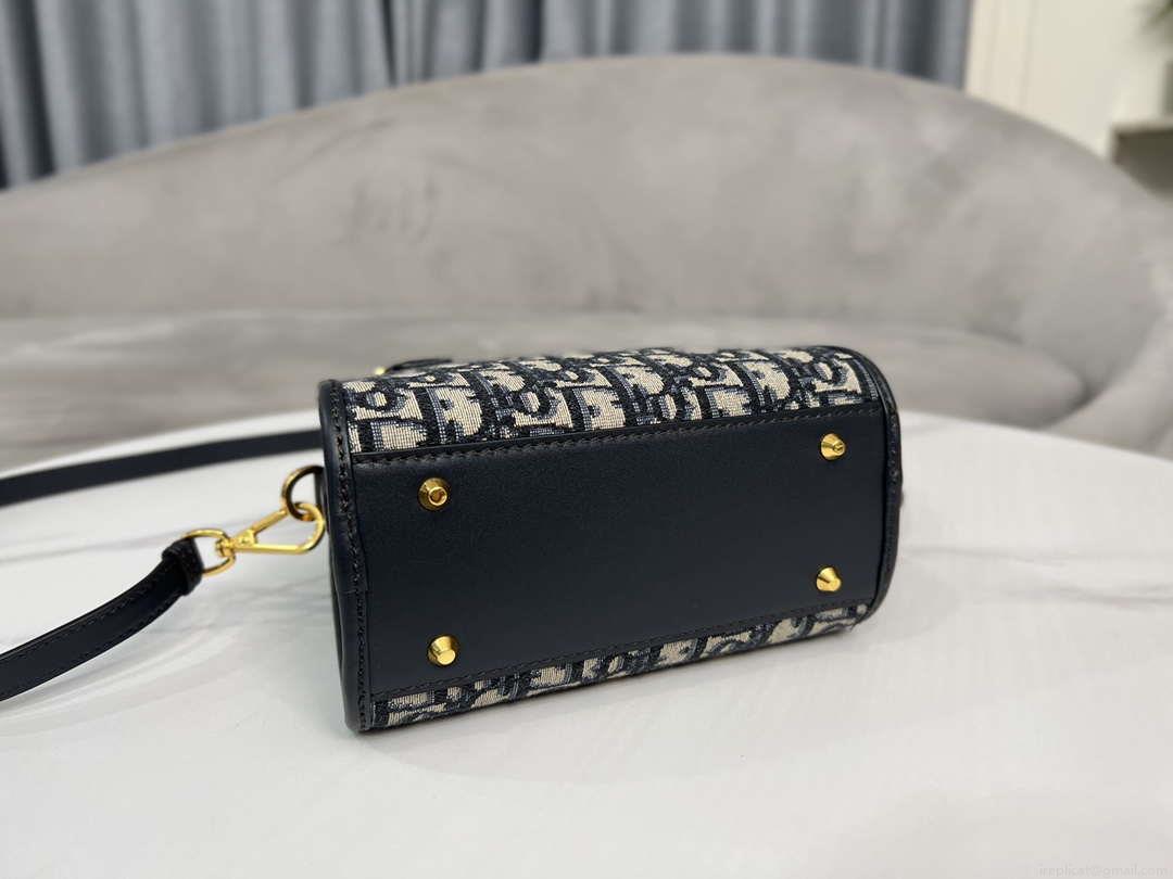 Dior M8671UBEQ_M900 Small Boston bag Navy Blue box Oblique Embroidery and Smooth Calfskin