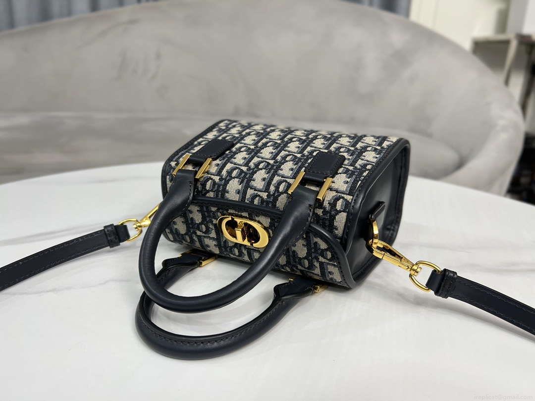 Dior M8671UBEQ_M900 Small Boston bag Navy Blue box Oblique Embroidery and Smooth Calfskin